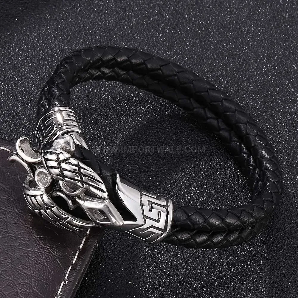 Vintage Stainless Steel Wing and Cross Leather Bracelet