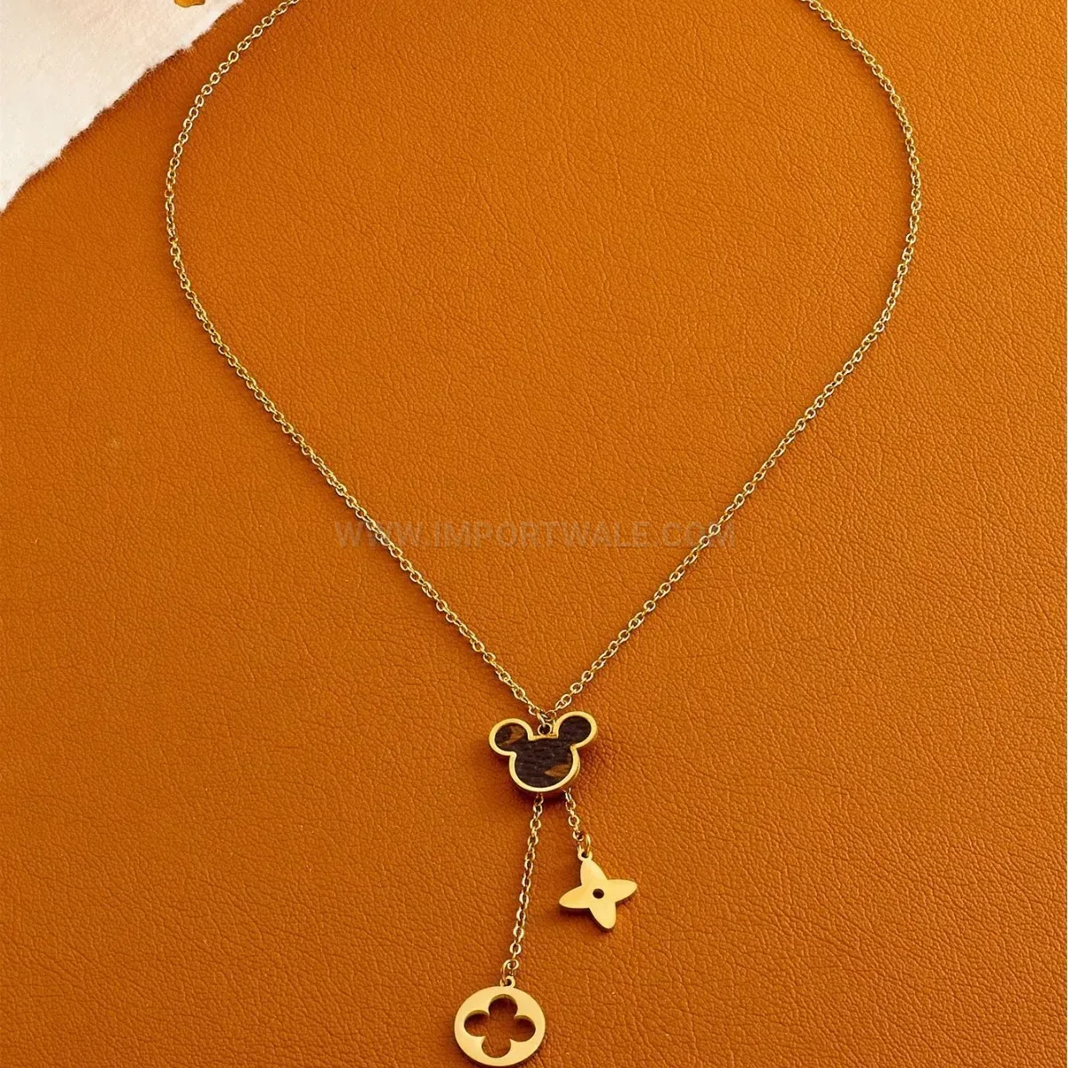 Trendy Titanium Steel Leather Mickey Pendant Necklace