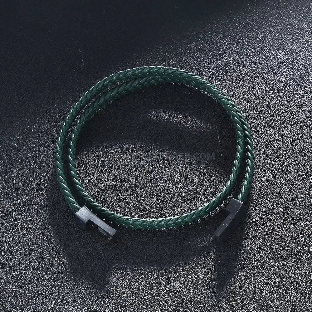 Double Wrap Braided Leather Bracelet with Black Stainless Steel