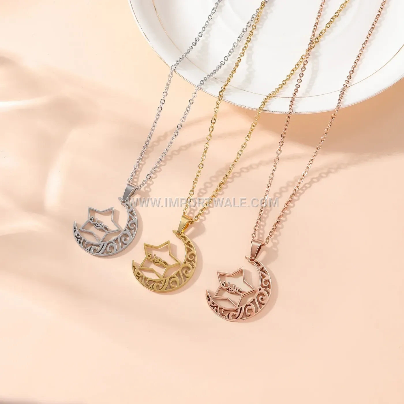 Delicate Stainless Steel Celestial Moon and Stars Pendant Necklace