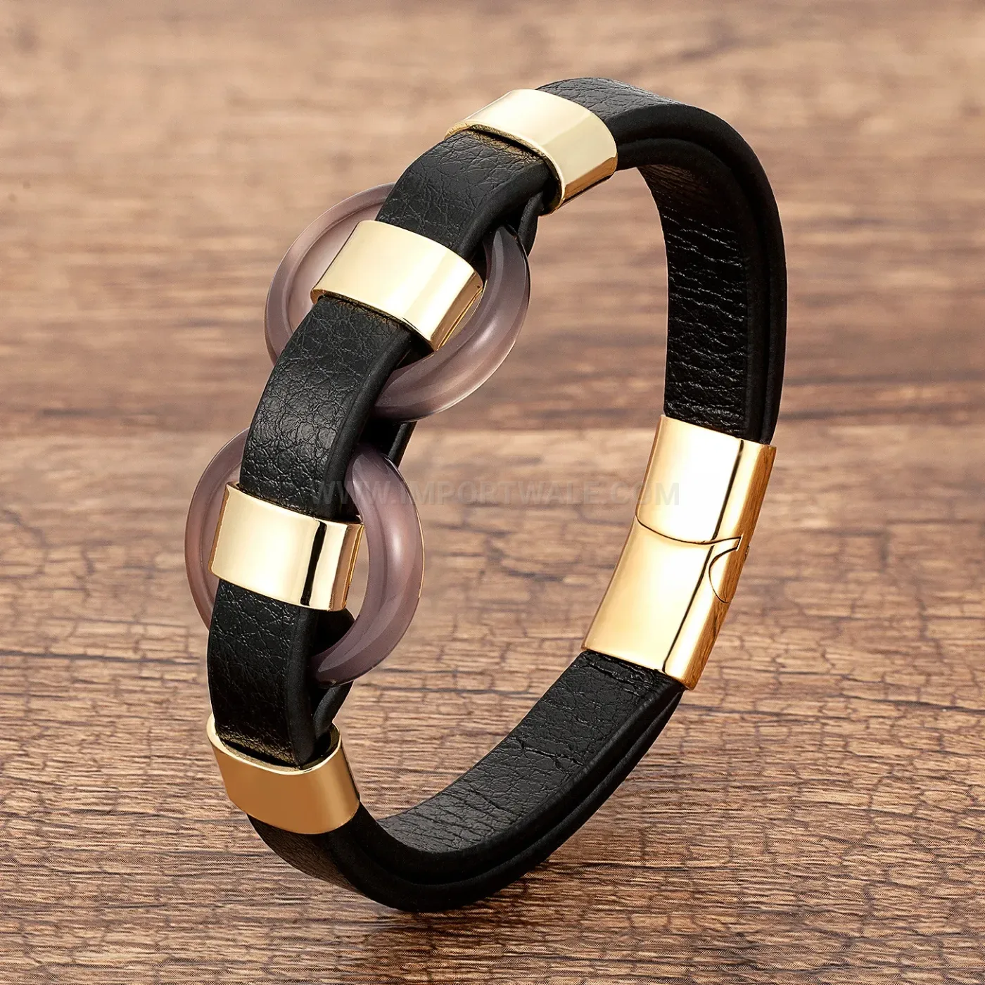Braided Leather Stone Bead Bracelet with Stainless Steel Clasp
