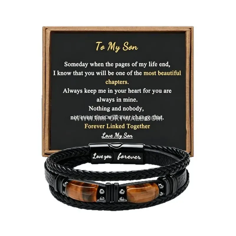 Men Braided Leather Tiger Eye Stone Wristband Clasp Gift Set