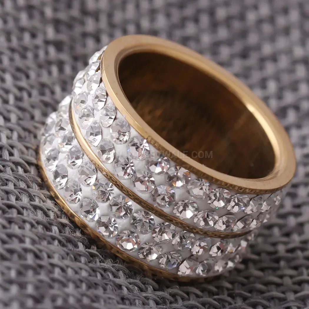 Double Row Rhinestone Wide Stainless Steel Band Ring