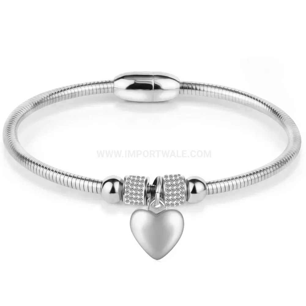 Polished Heart Stainless Steel Bangle with Crystal Accent and Magnetic Clasp