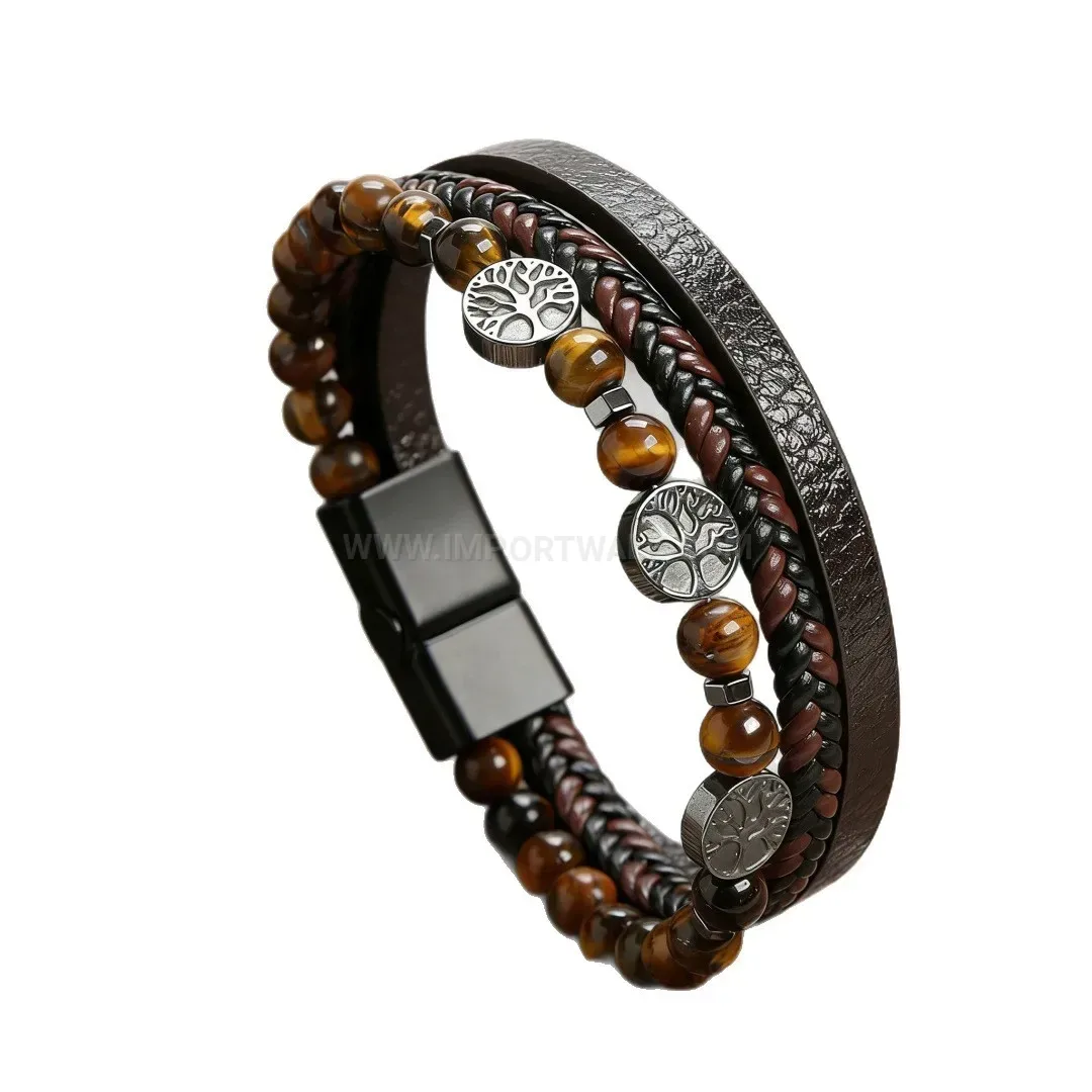 Elegant Tree of Life Natural Stone Beaded Leather Magnetic Bracelet