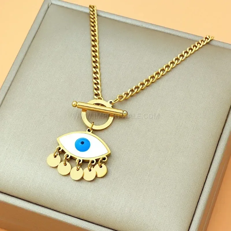 Trendy Evil Eye Shell Tassel Necklace with Toggle Clasp Titanium Steel
