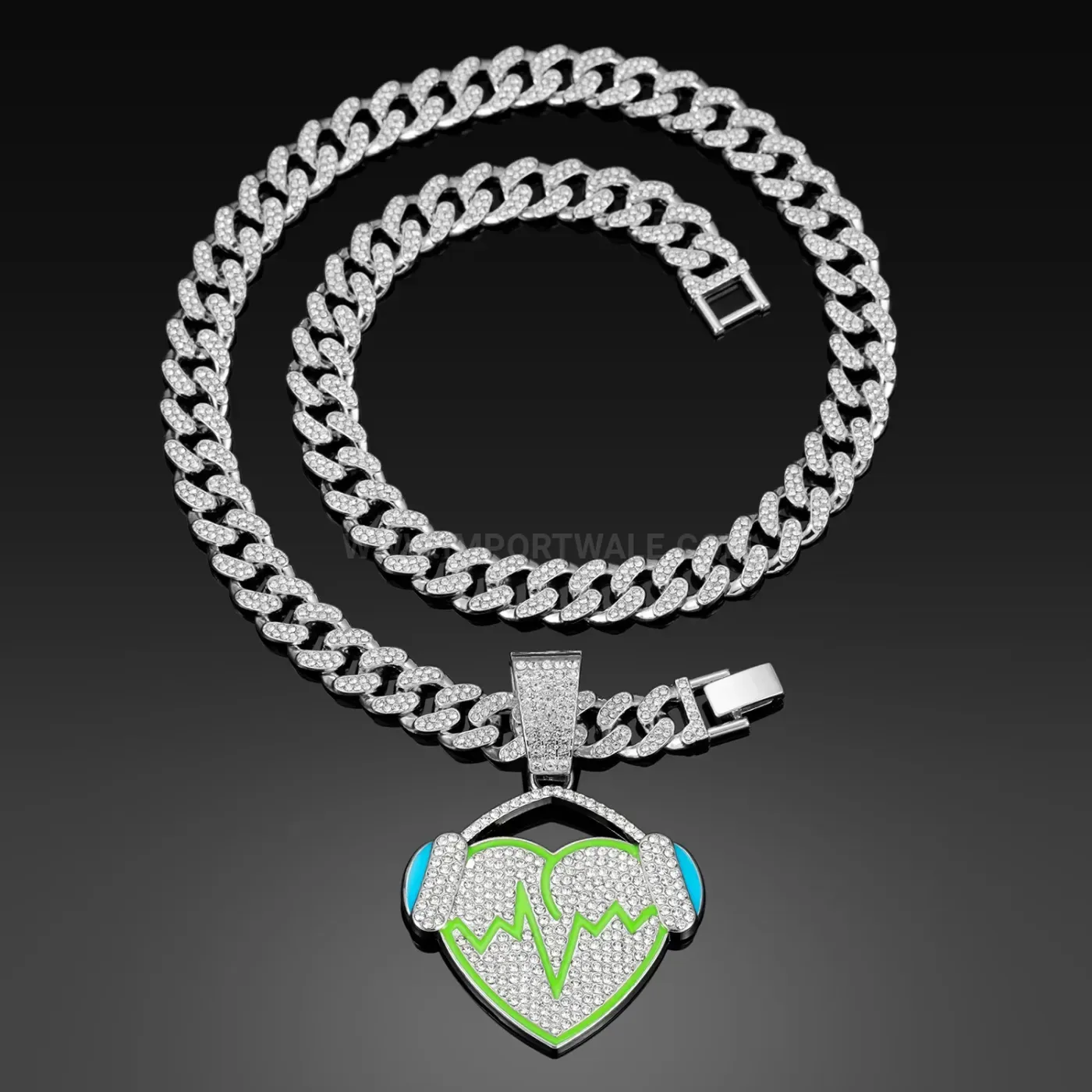 Stylish Headphone and Heartbeat Pendant Cuban Link Hip Hop Necklace