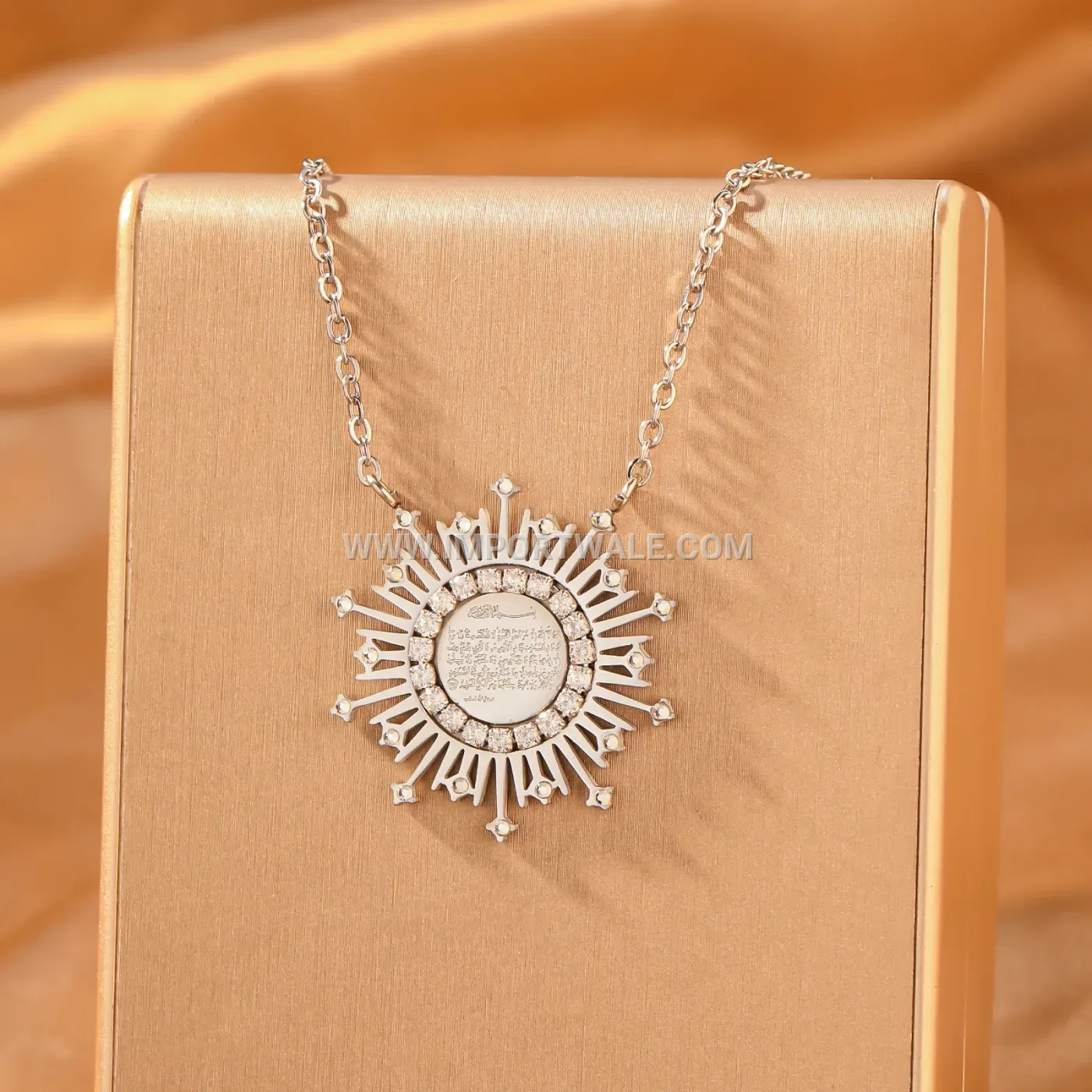 Zircon Stainless Steel Ayatul Kursi Sunburst Islamic Calligraphy Pendant Necklace