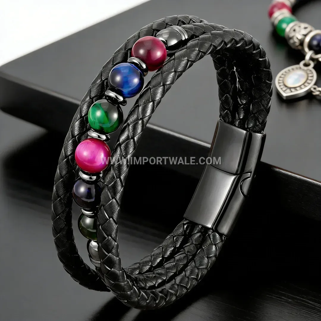 Multilayer Braided Leather Wristband with Natural Stone Beads