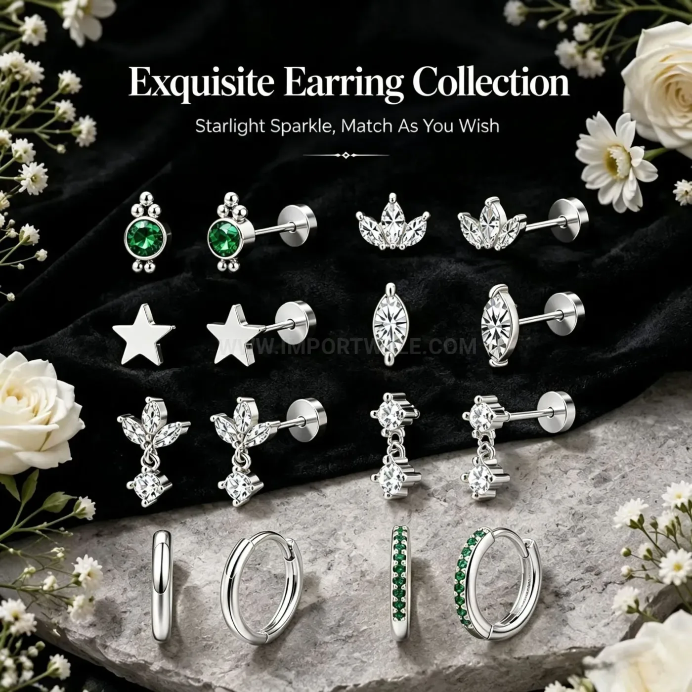 Premium Stainless Steel Green Stone Leaf Star Huggie Earring Set