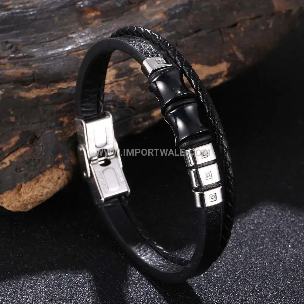 Inlaid Stainless Steel and Black Leather Braided Wristband