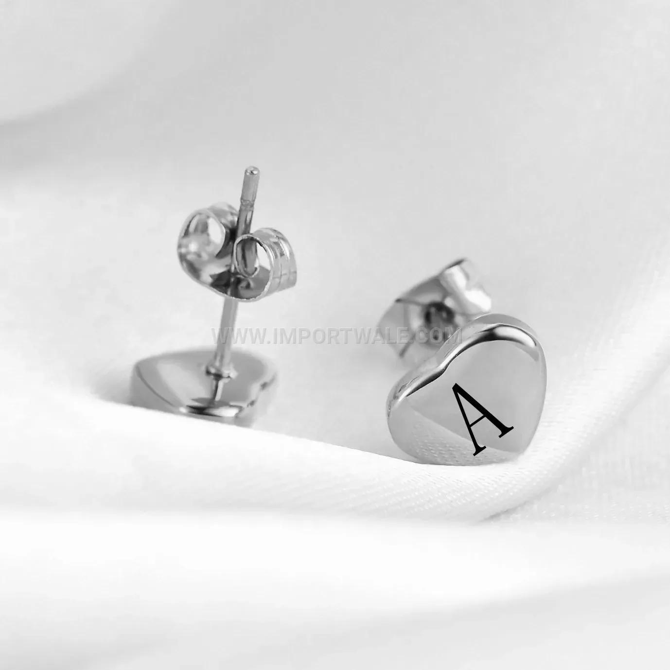 Sleek Engraved Initial Heart Stainless Steel Stud Earrings