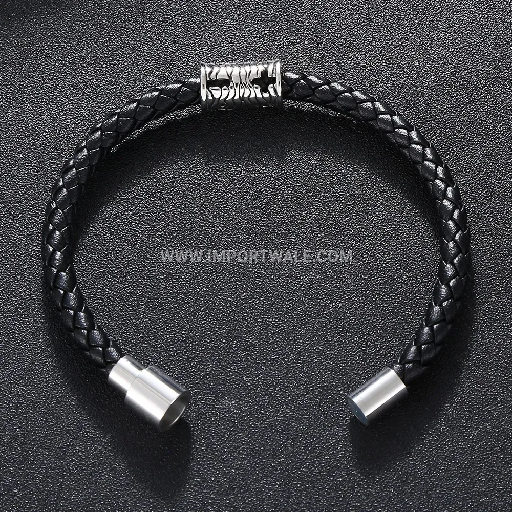Punk Style Stainless Steel Accent Woven Leather Cord Bracelet