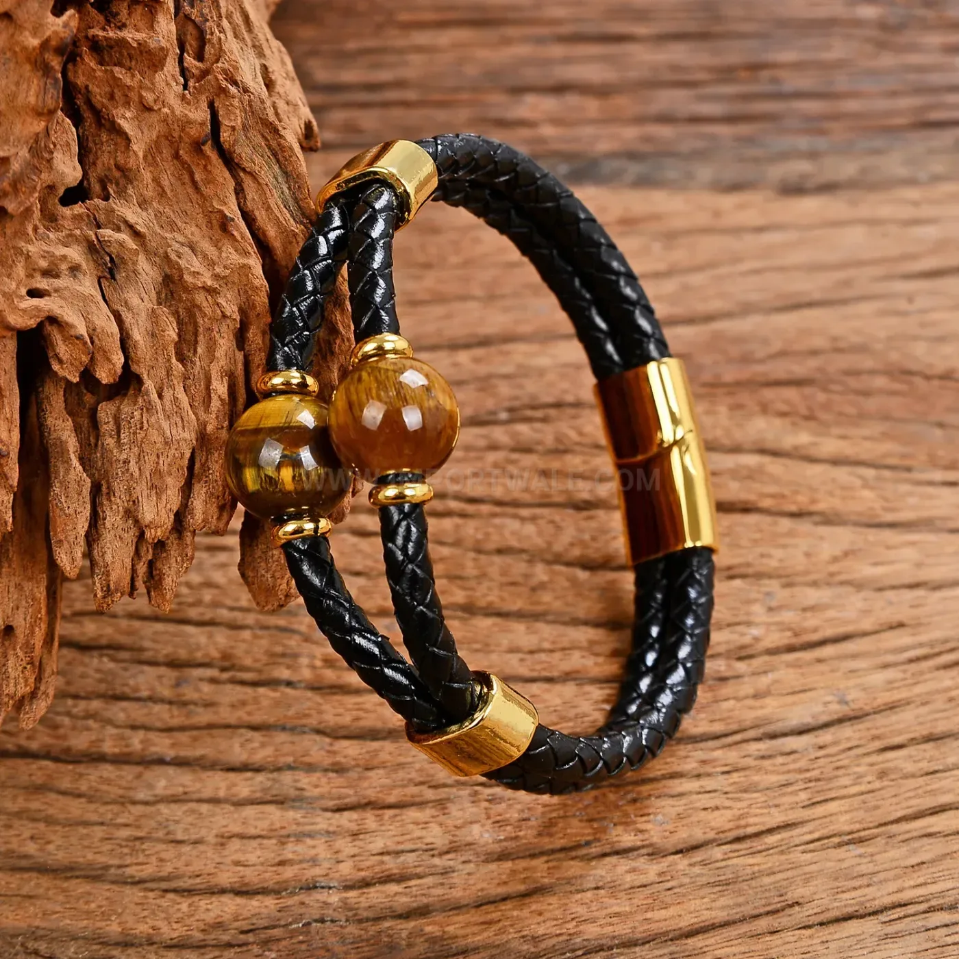 Double Strand Braided Leather Natural Stone Cuff Stainless Steel Clasp