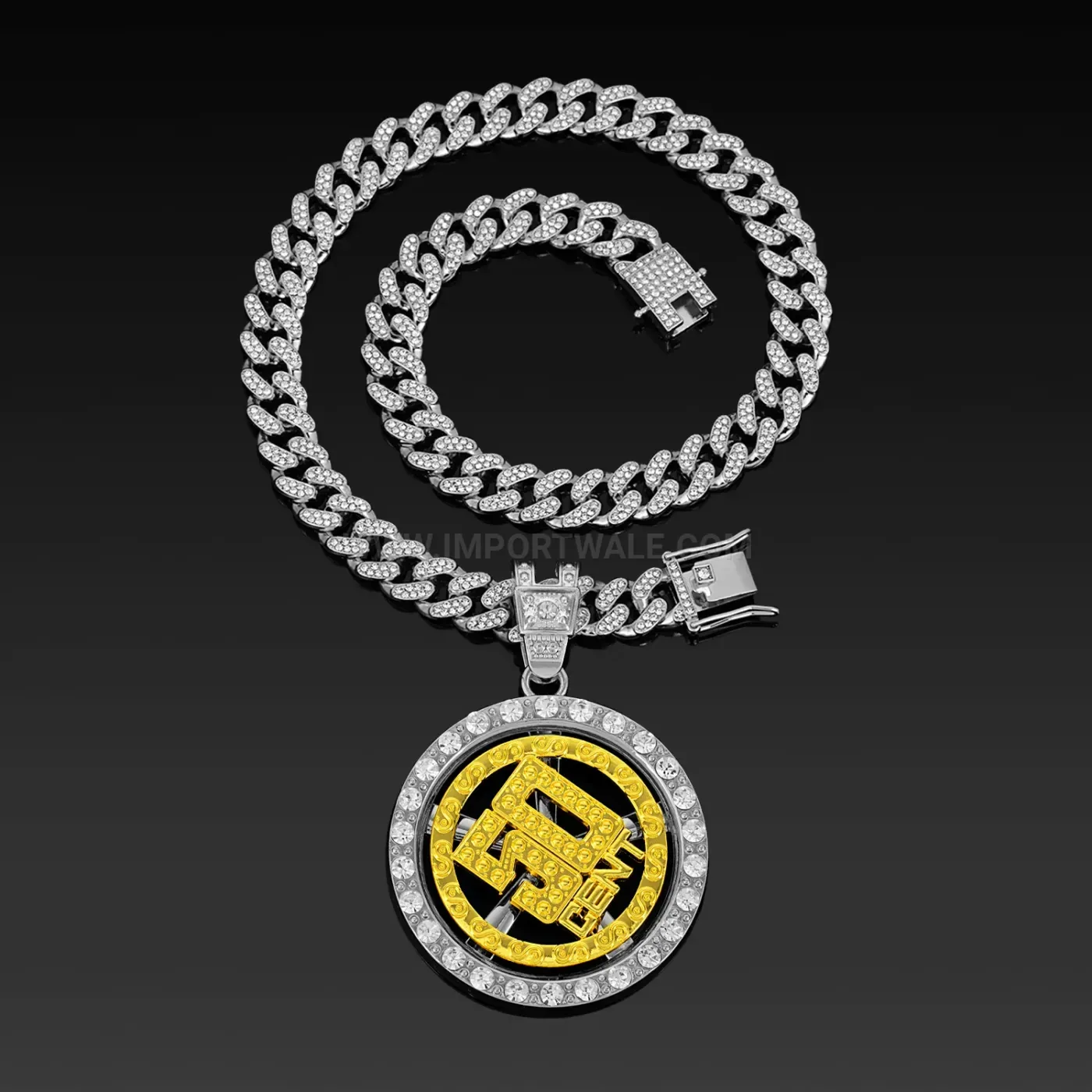 Bold Spinning Metal 50 CENT Letter Pendant Cuban Necklace