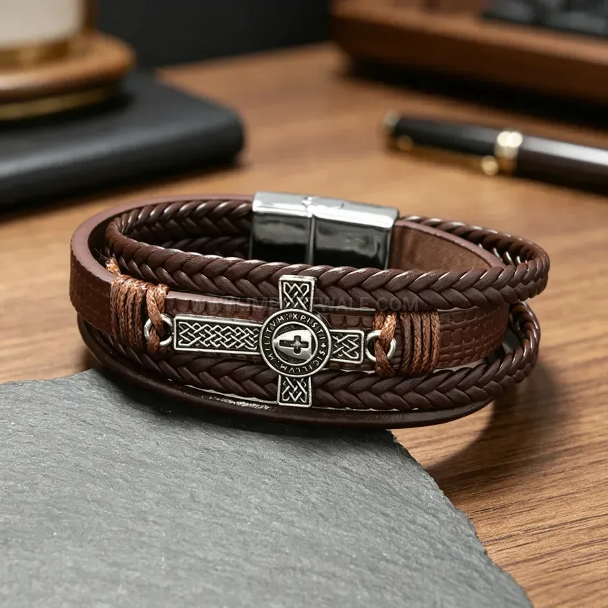 Trendy Multi Layer Braided Leather Cross Accent Bracelet