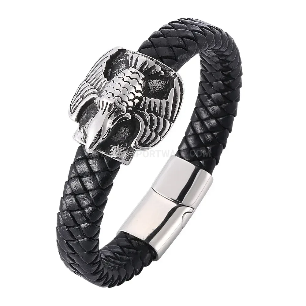 Vintage Woven Leather Eagle Stainless Steel Cuff