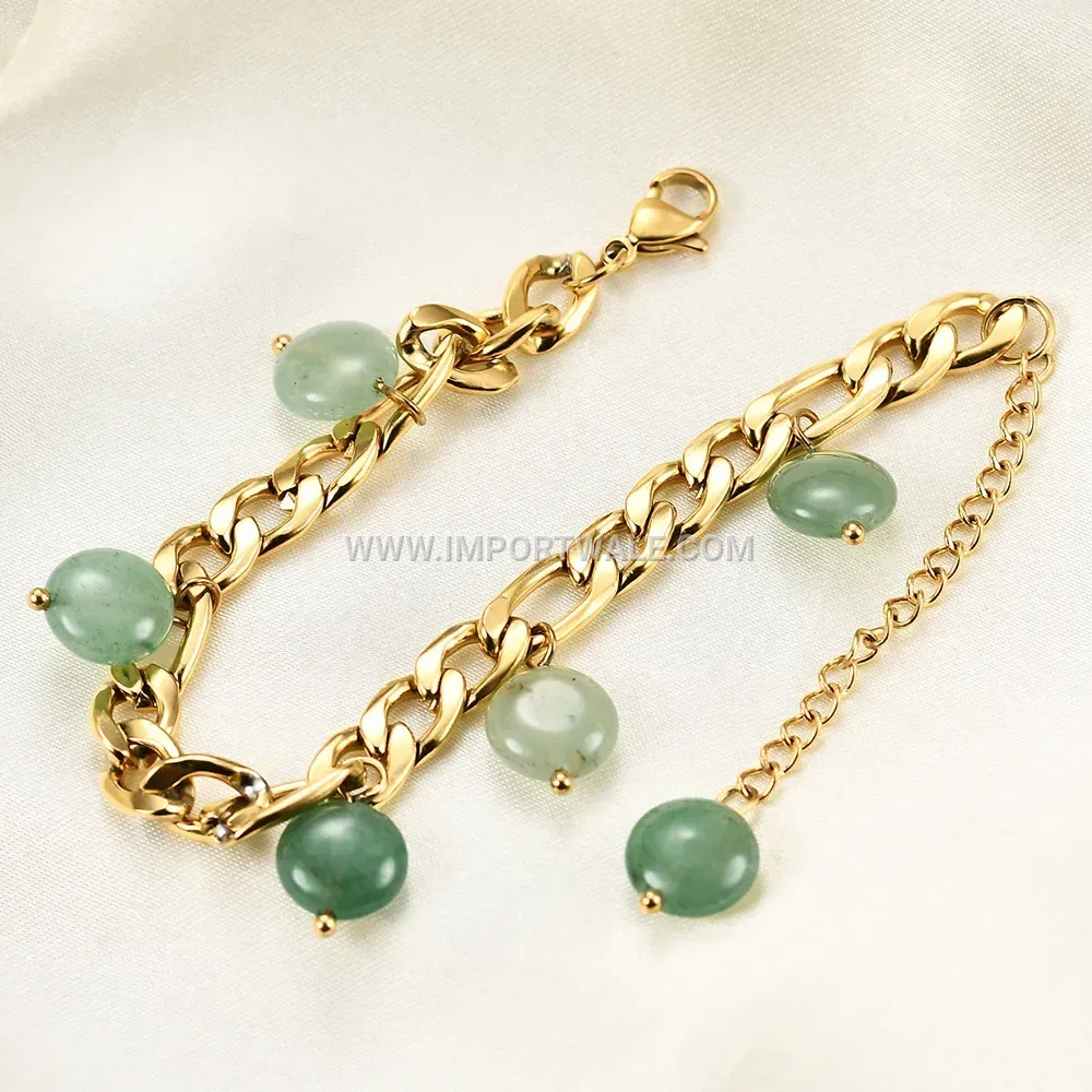 Green Natural Stone Tassel Figaro Chain Stainless Steel Bracelet