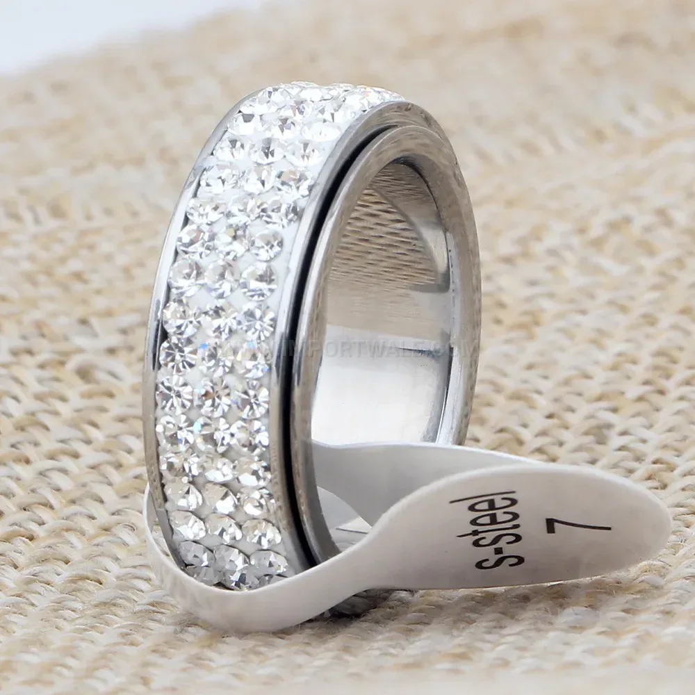 Triple Row Rhinestone Stainless Steel Band Ring