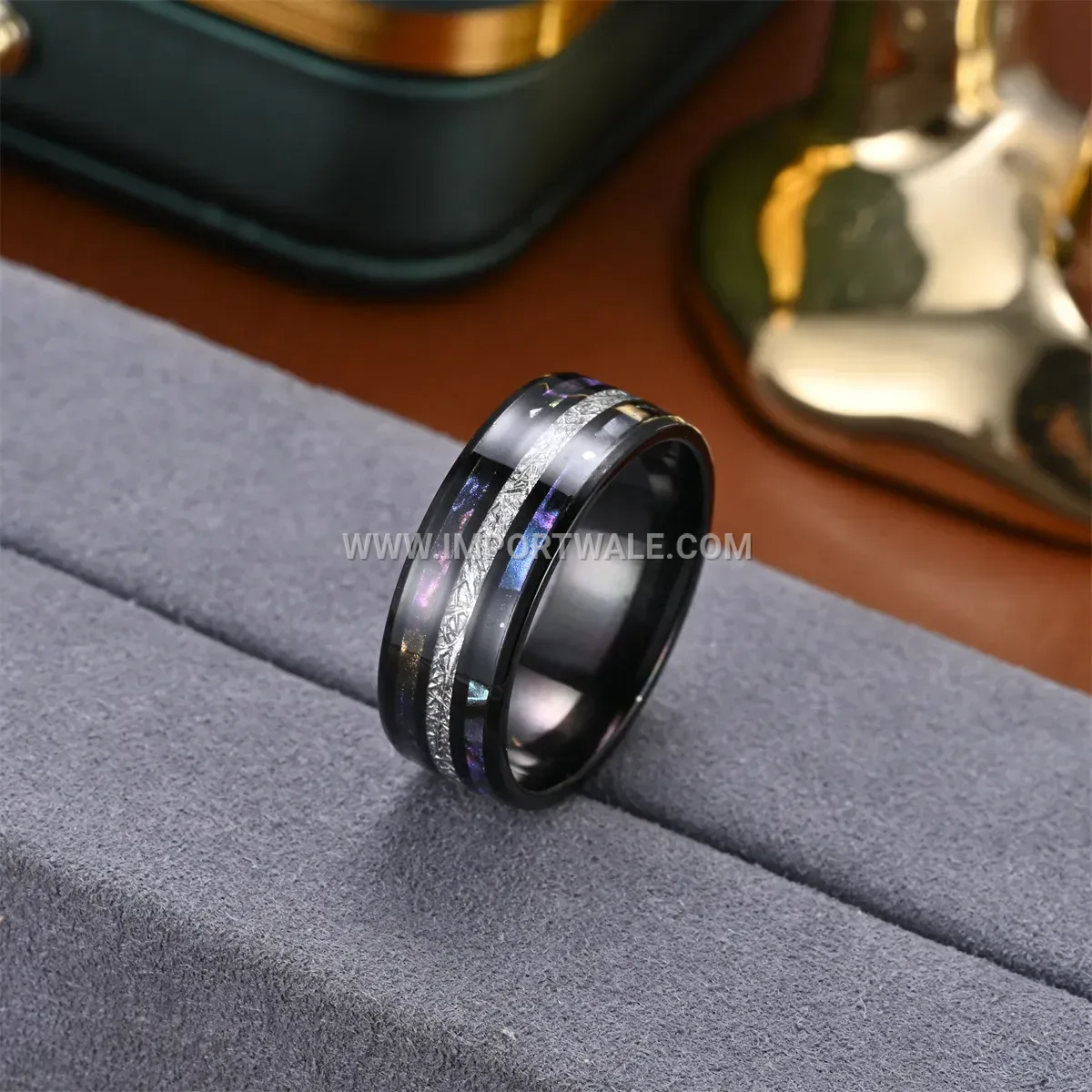 Black Silk Inlay Double Shell Stainless Steel Ring