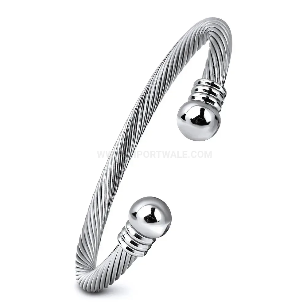 Stylish Adjustable Cable Wire Stainless Steel Cuff Bangle with Bead Details