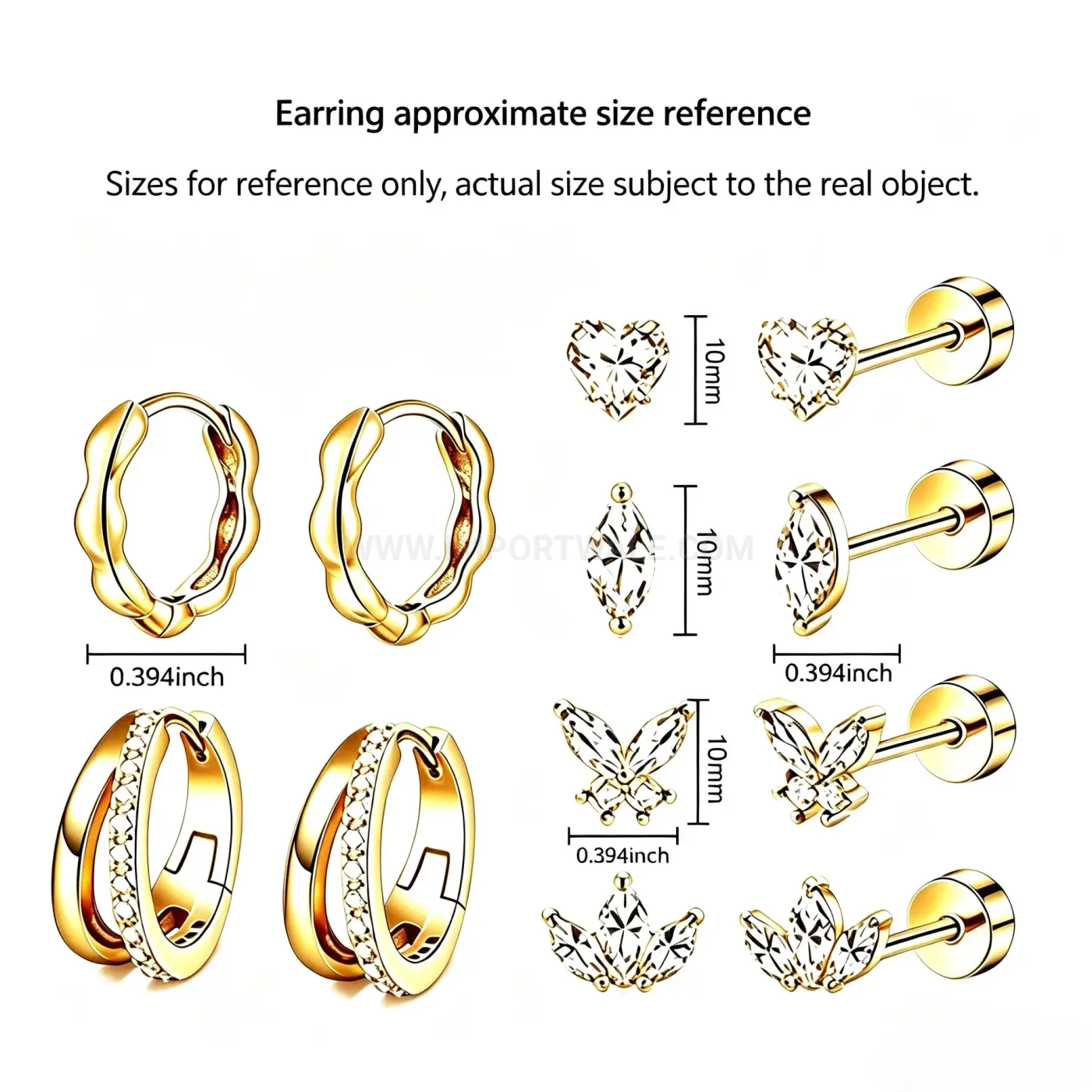 Stylish Stainless Steel Rhinestone Wave Heart Butterfly Stud Earring Set