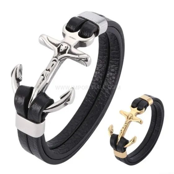 Bold Braided Leather Wristband with Vintage Stainless Steel Hook Charm