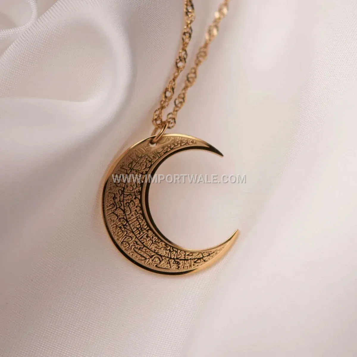 Stainless Steel Crescent Moon Arabic Script Calligraphy Pendant Necklace