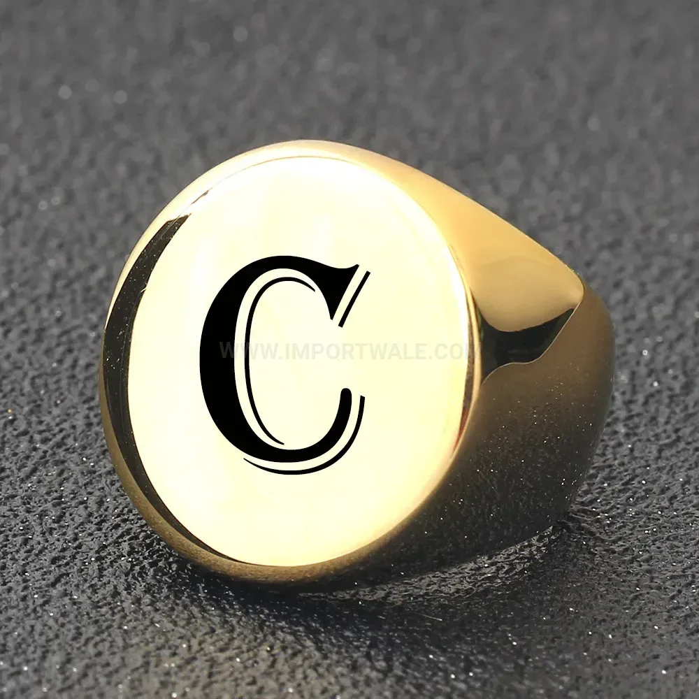 Stylish Laser Engraved Initial 22mm Round Stainless Steel Gold Signet Ring