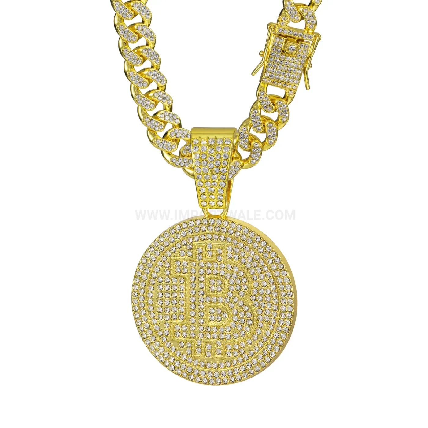 Classic Rhinestone Letter B Medallion Cuban Link Pendant Necklace