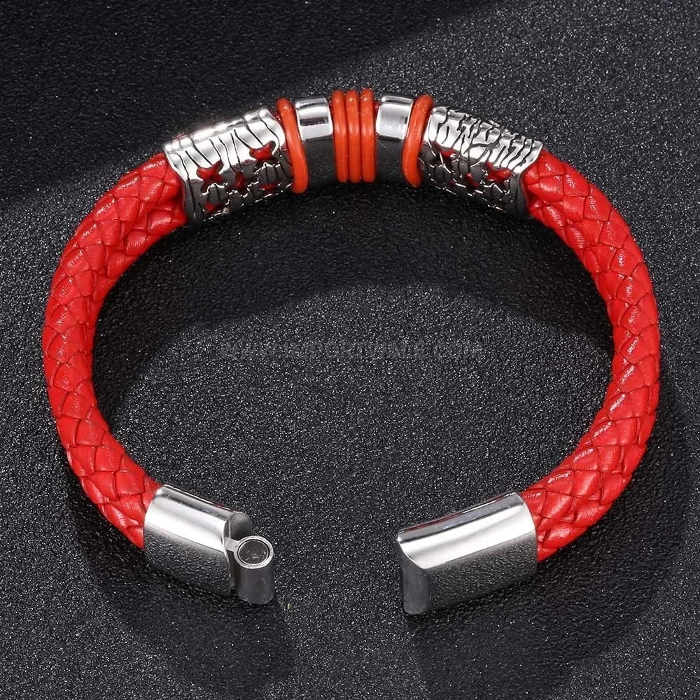 Dual Cord Leather Wristband with Stainless Steel Star Clasp