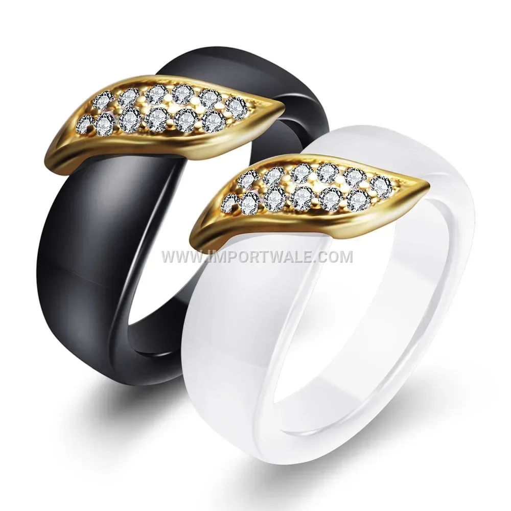 Leaf Motif Rhinestone Ceramic Ring
