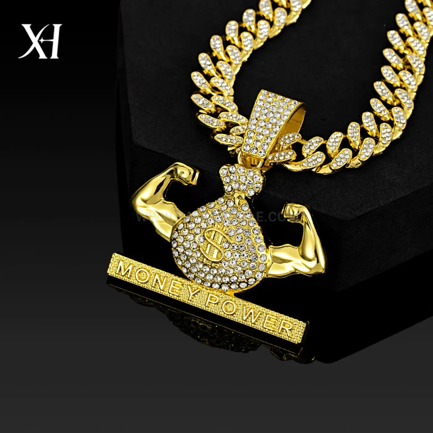 Trendy Rhinestone Money Bag Letter Pendant Cuban Chain Necklace