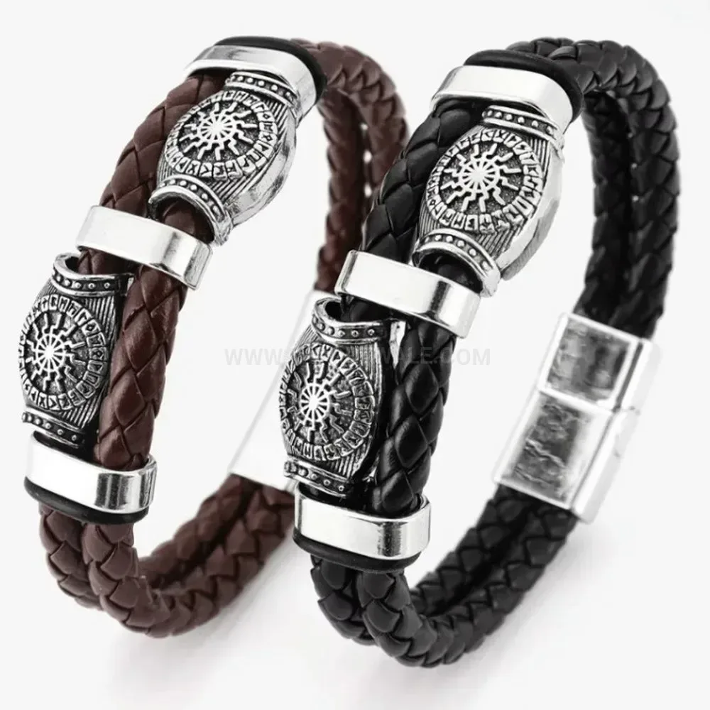 Designer Viking Sun Wheel Leather Bracelet with Magnetic Clasp