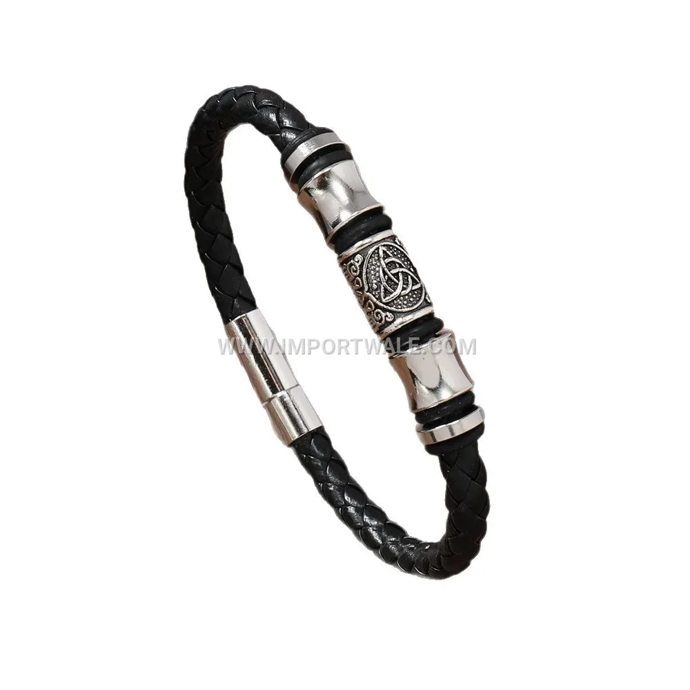 Celtic Triquetra Woven Leather Men's Bracelet With Magnetic Clasp