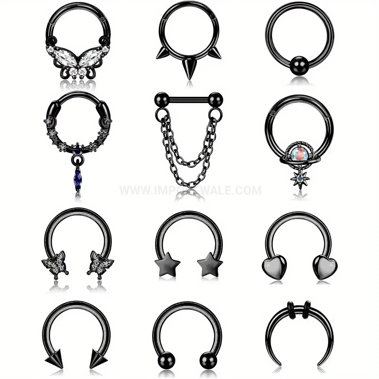 Bold Stainless Steel Rhinestone Butterfly Spiked Piercing Nose Ring Set