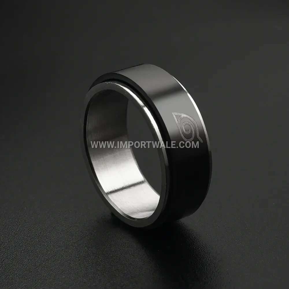 Spinning Black Stainless Steel Anime Patterned Band Ring