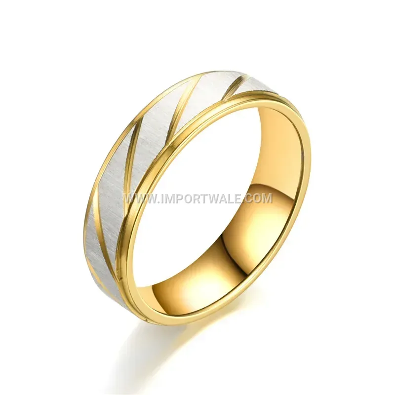 Gold-Plated Beveled Textured Stainless Steel Couple Ring
