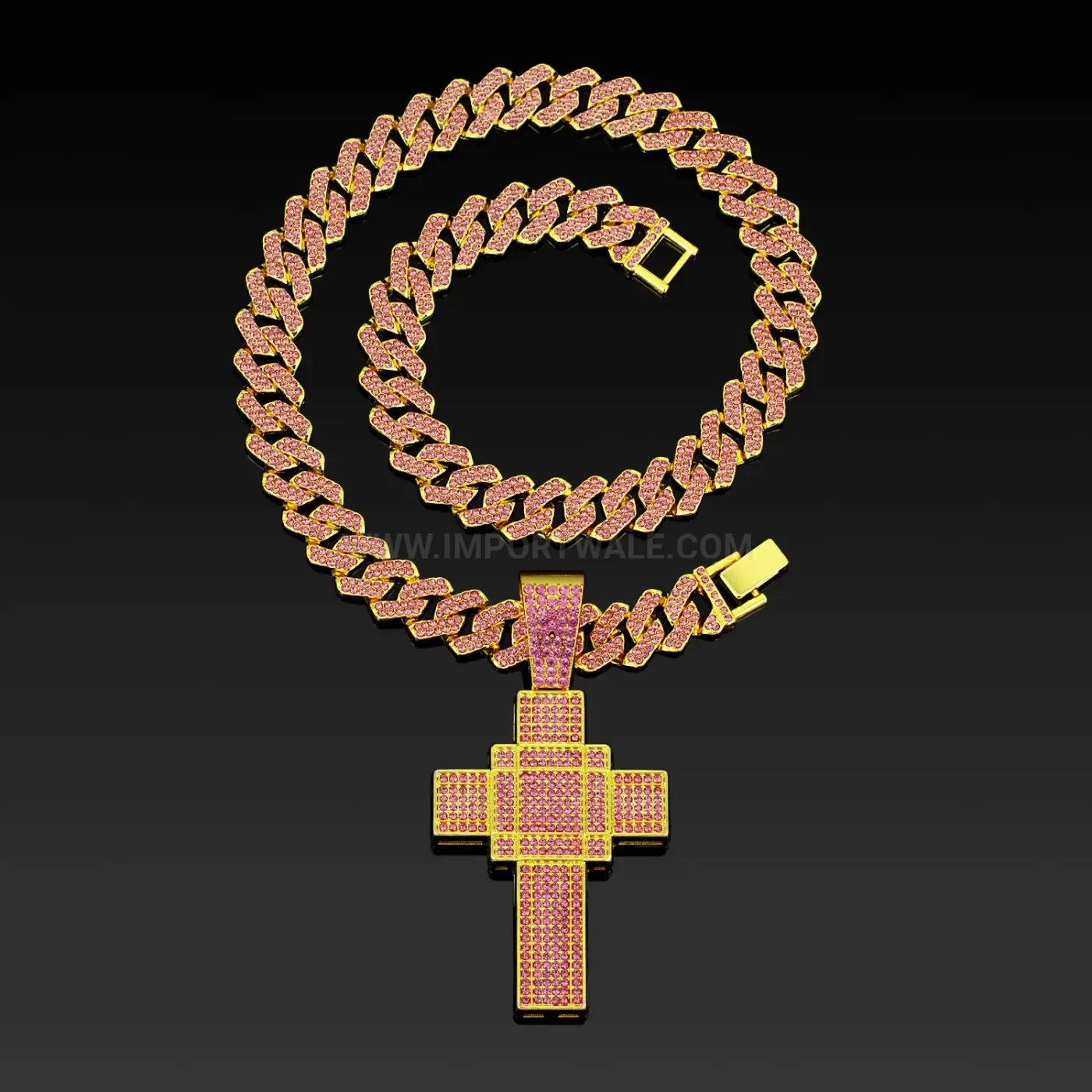 Pink Rhinestone Double Layer Cross Pendant Zinc Alloy Necklace