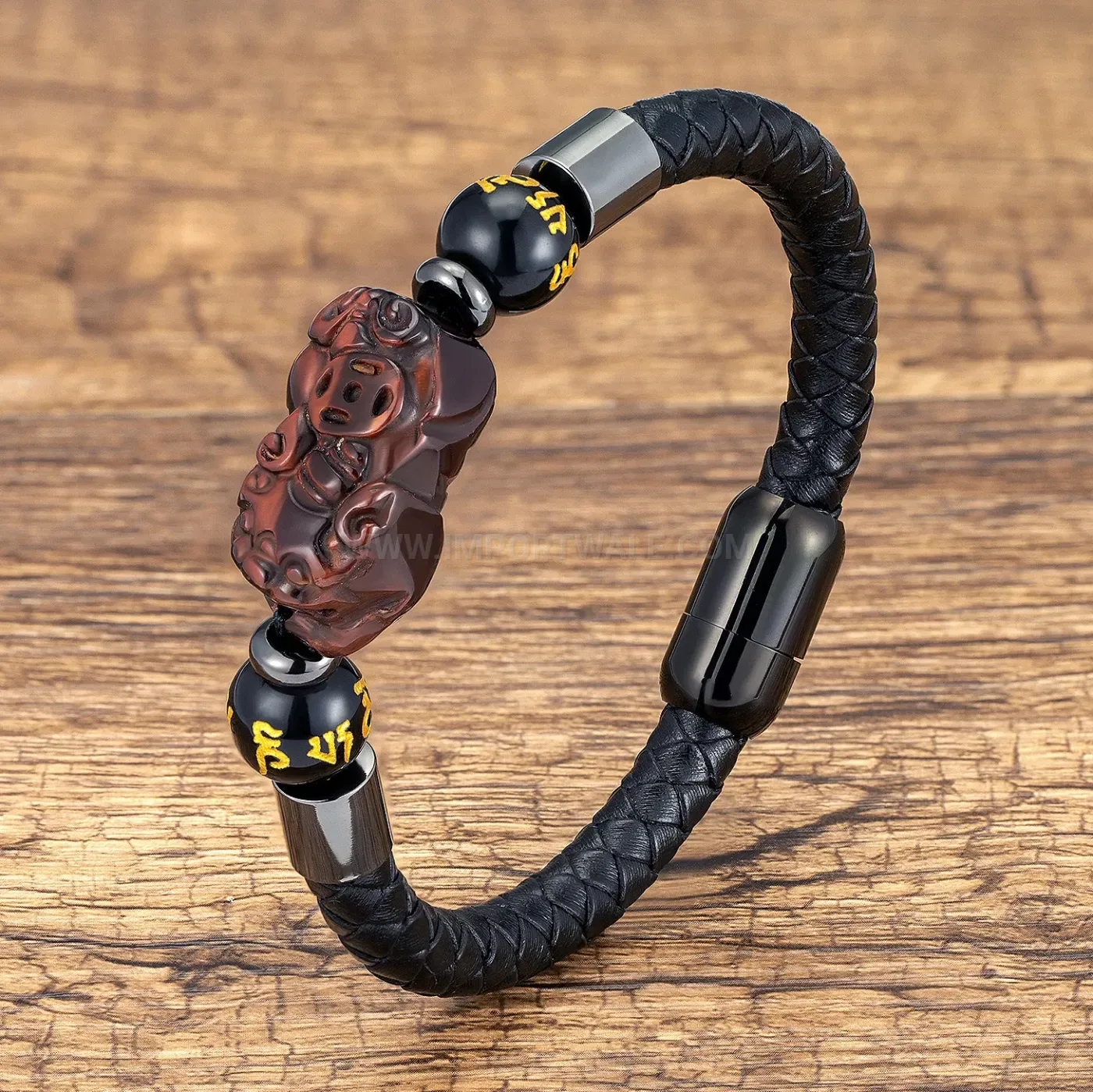 Pixiu Stone Leather Braided Magnetic Stainless Clasp Bracelet