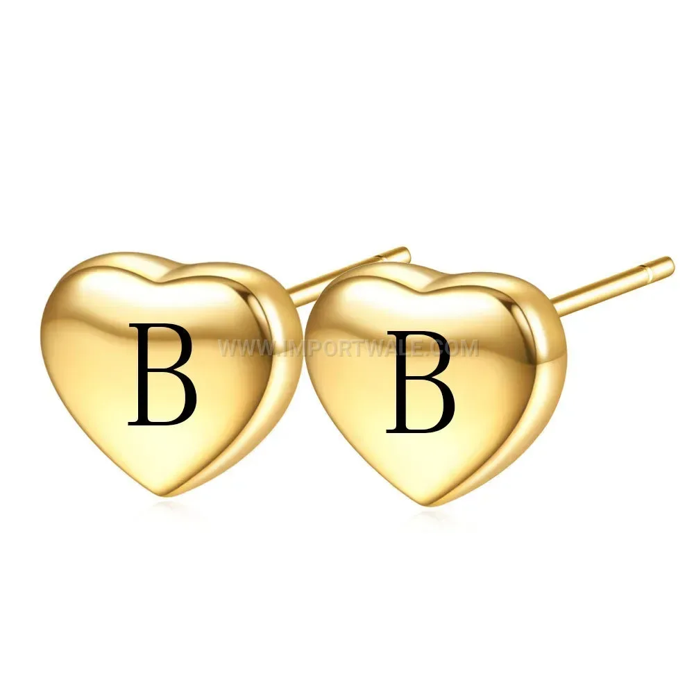 Engraved Alphabet Heart Stainless Steel Stud Earrings
