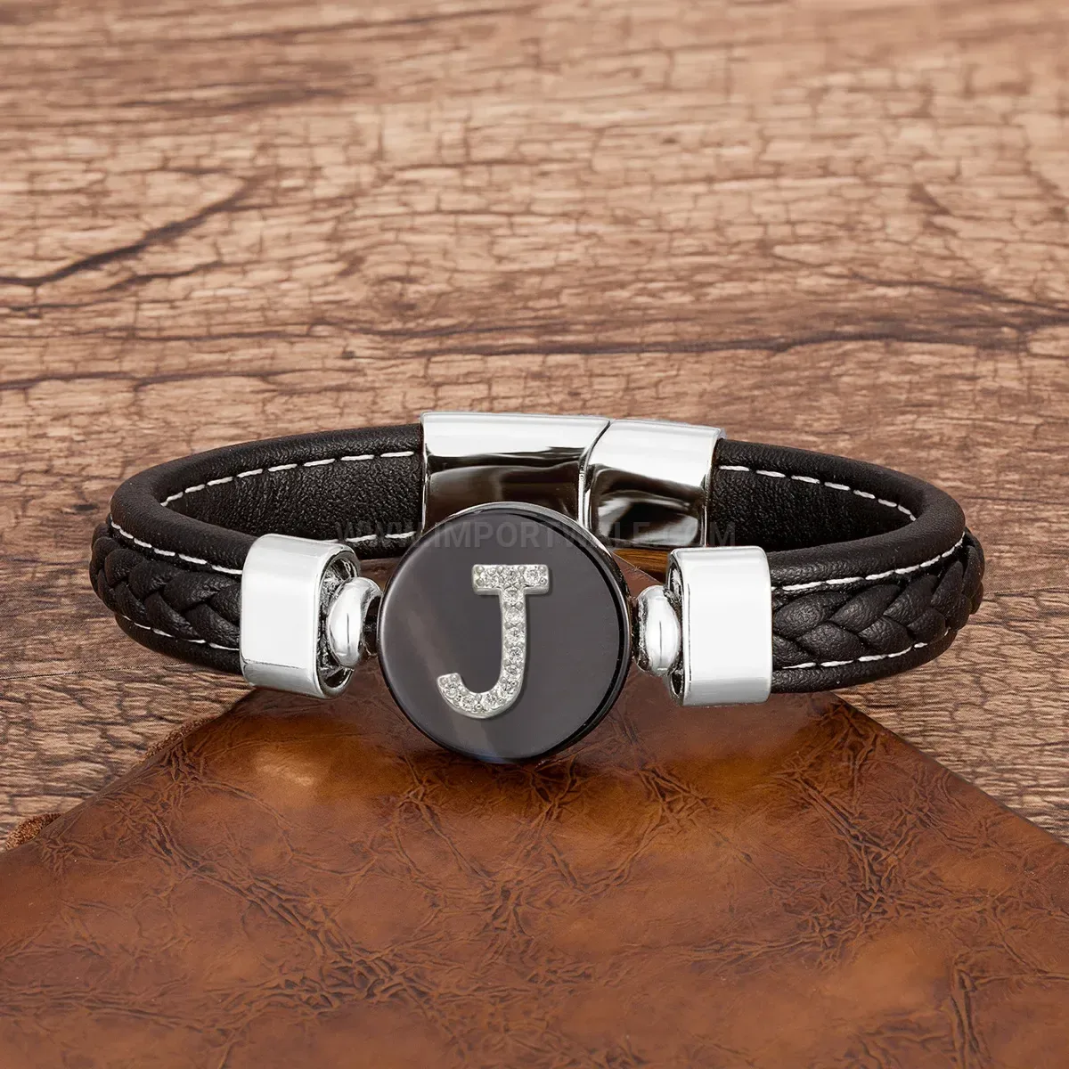 Handcrafted Leather Cord Stone Bracelet Featuring Monogram Stainless Steel Accents