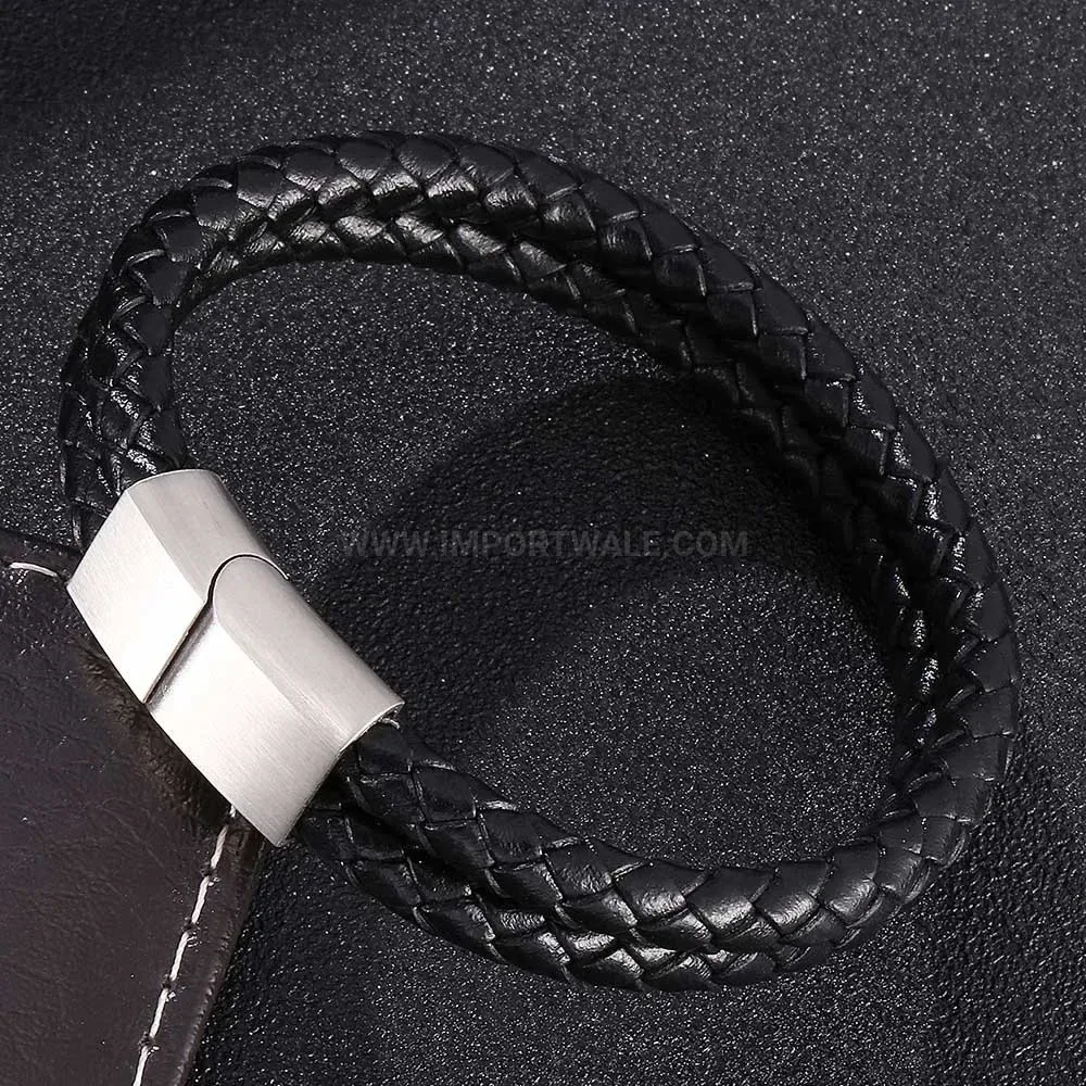 Retro Braided Leather Wristband with Stainless Steel Clasp