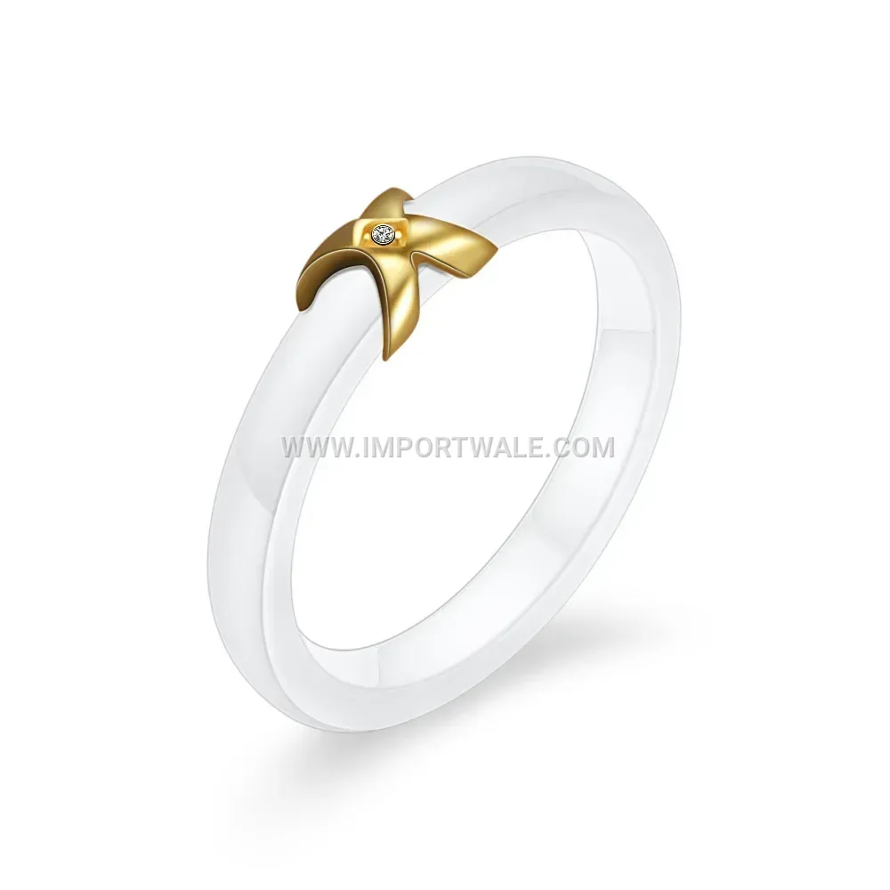 Elegant X-Cross Polished Ceramic Rhinestone Accent Ring