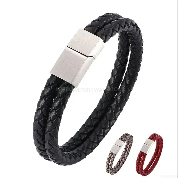 Retro Braided Leather Wristband with Stainless Steel Clasp