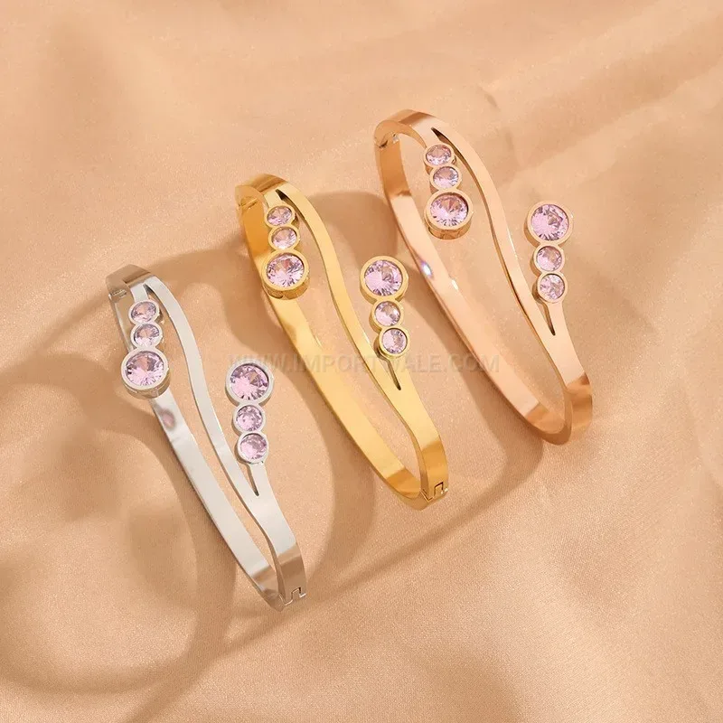 Designer Wavy Double-Row Rhinestone Gold-Plated Titanium Bangle