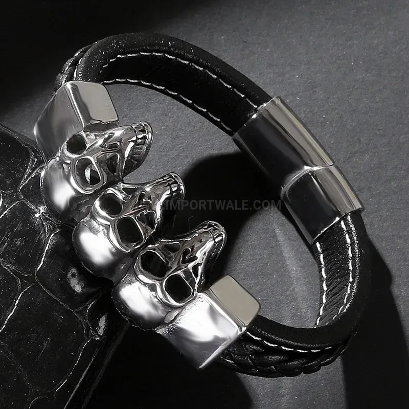 Designer Handcrafted Leather Bracelet Featuring Stainless Steel Skull Hardware