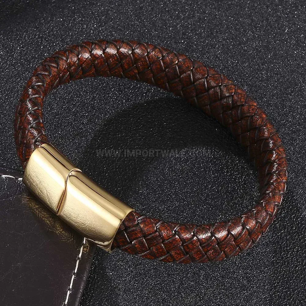 Vintage Woven Leather Stainless Steel Magnetic Clasp Bracelet