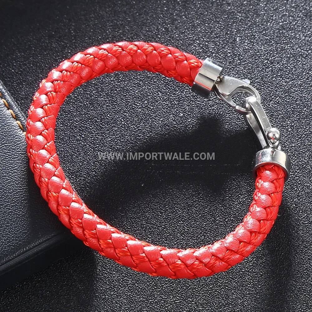 Vintage Stainless Steel Horseshoe Buckle Leather Cord Wristband