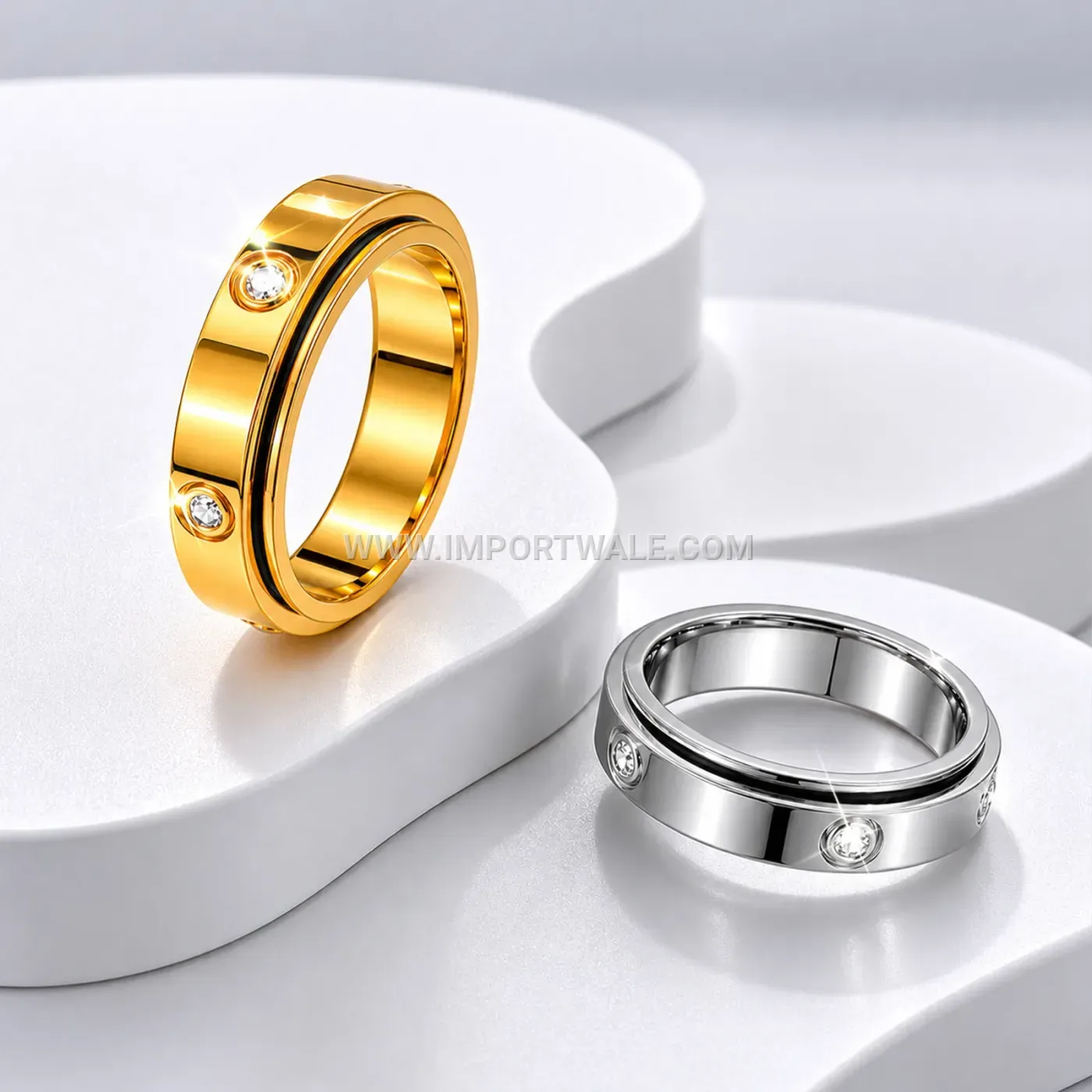 Spinning Rhinestone Stainless Steel Couple Band Ring